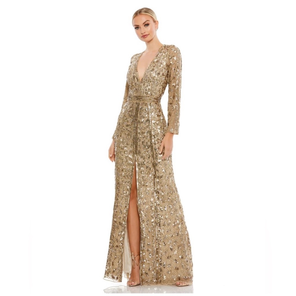 MAC DUGGAL Gold Sequin Embellished Front Slit Long Sleeve Maxi Gown | Size 4